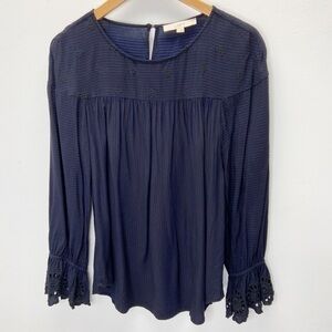 LOFT Long Sleeve Striped Floral Embroidered Top Sz S